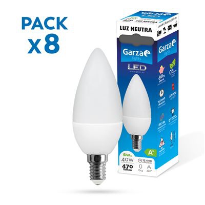 Garza - Pack de 8 Bombillas LED de bajo consumo vela C37 E14 de 470LM y 6W de potencia equivalente a 40W y temperatura blanco día 4.000K 15.000H duración - Pack 10 bombillas