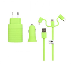 Kit Muvit Cargador coche + Cargador casa + Cable micro USB/USB-C y Lightning Verde características