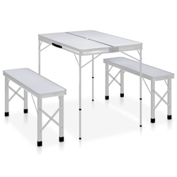 Mesa de camping plegable con 2 bancos vidaXL aluminio blanco en oferta