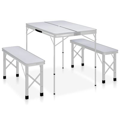 Mesa de camping plegable con 2 bancos vidaXL aluminio blanco