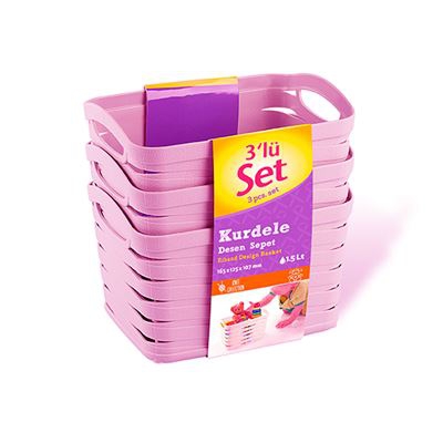 Kit 3 Cestas Medianas Rectangulares Rosa 1,5 Litros 7house