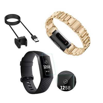 Kit Pulsera Acero Stainless Lux + Herramienta + Cargador Usb Charger + Película Protectora Pantalla Gel Full Cover Fitbit Charge 3 oro