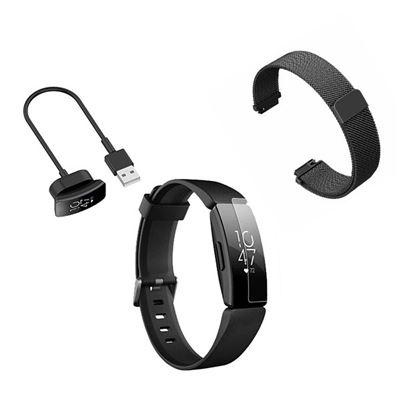 Kit Pulsera Milanese Loop Cierre Magnético + Cargador Usb Charger + Película Protectora Pantalla Gel Full Cover Fitbit Inspire Negro