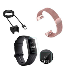 Kit Pulsera Milanese Loop Cierre Magnético + Cargador Usb Charger + Película Protectora Pantalla Gel Full Cover Fitbit Charge 3 Rosa en oferta