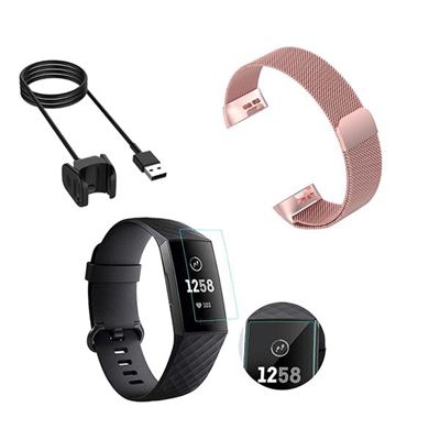 Kit Pulsera Milanese Loop Cierre Magnético + Cargador Usb Charger + Película Protectora Pantalla Gel Full Cover Fitbit Charge 3 Rosa