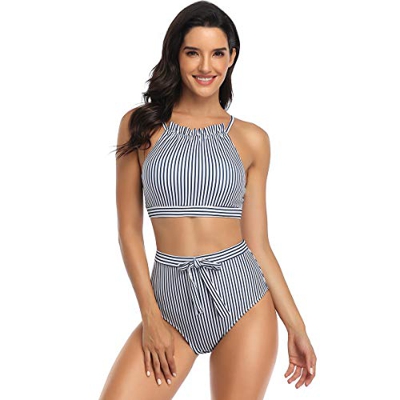 Bañador Mujer Trajes de Baño Tops y Braguitas Conjuntos Bikinis Dos Piezas con Rayas de Cintura Alta Azul Oscuro Large 38-40 EU