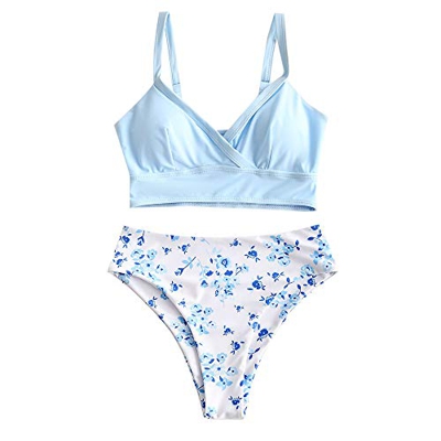 ZAFUL Conjunto de bikini para mujer push up de cintura alta, diseño floral azul claro XL