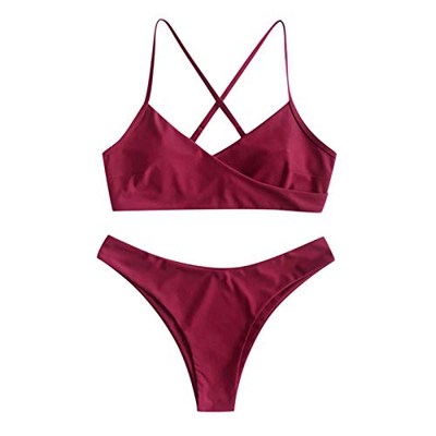 Bañador Bikin Conjunto de Dos Piezas con Estampado de Hojas para Mujer, Ropa de Playa de Talla Grande (Wine, M)