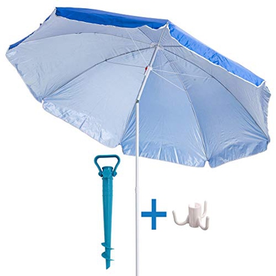 H HANSEL HOME Sombrilla de Playa con Soporte de Tornillo y Percha, Acero, Inclinable, Protección Solar UPF+50 (Azul, Ø 180 CM)