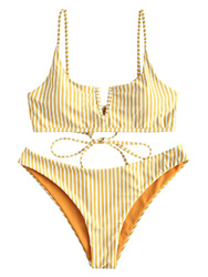 Zaful Bikini sexy en forma de V con tirante fino y diseño de rayas amarillo L precio