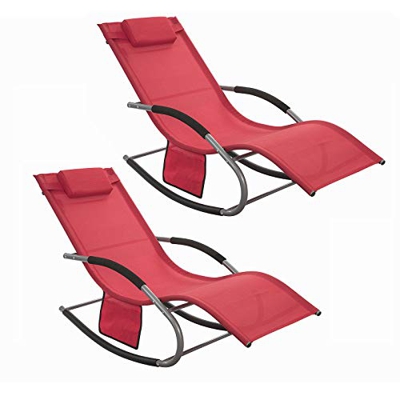 SoBuy OGS28-Rx2 Set de 2 Tumbonas, Mecedora con Almohada y Bolsillo Lateral, Estructura de Hierro, Malla Transpirable Teslin, cómodo, soporta hasta 15