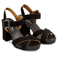 Sandalia de Tacón con Plataforma Valora | Sandalia Cómoda Mujer Piel Serraje Negra | Tiras Cruzadas y Cantos Amarillos | Ajuste Tobillo con Pulsera |  precio
