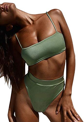 HenzWorld Trajes de Baño con Hombros Descubiertos y Bandeau para Mujer Traje de Baño de Dos Piezas para Mujer Traje de Baño con Cuello Halter y Sólido