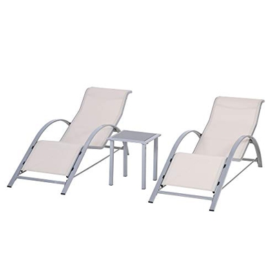 Outsunny 2 Tumbonas de Jardín 59x169x66 cm con Mesa de Café 41x41x45 cm de Vidrio Templado Reposabrazos para Patio Piscina Terraza Aire Libre Beige