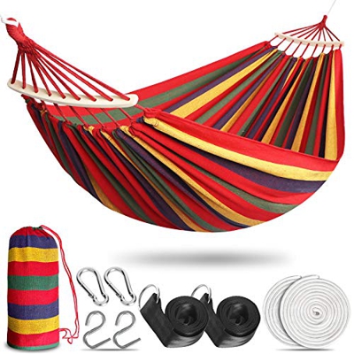 Anyoo Hamaca de Algodón para Jardín con Barra de Madera Curvada de 40 cm Hamaca Cómoda Portátil con Bolsa de Viaje Compacta, Patio Interior / Exterior