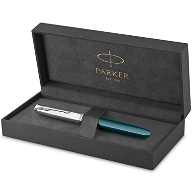 Parker 51 pluma estilográfica | cuerpo azul verdoso con adorno cromado | plumín mediano con cartucho de tinta negra | estuche de regalo