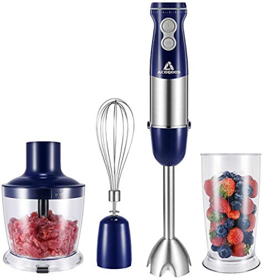 ACOQOOS Batidora de Mano, 1000W Batidora Multifunción 4 en 1, Batidora Eléctrica Acero Inoxidable, 4 Cuchillas, Batidora de Inmersión de 6 Velocid