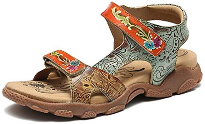 Camfosy Sandalias Planas de Senderismo de Cuero para Mujer,Sandalias Deportivas Verano al Aire Libre Vacaciones Ocio Zapatos Hechos a Mano Cierre Velc