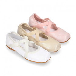 Bailarina Niña Tipo Ballet Punta Cuadrada Con Cintas Cruzadas En Piel Ante Metalizado. 35 Blanco en oferta