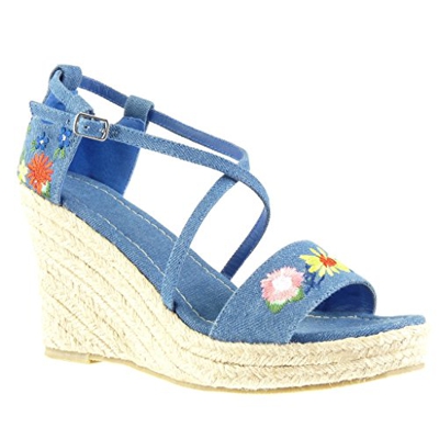 Angkorly - Zapatillas Moda Alpargatas Sandalias Plataforma Correa de Tobillo Mujer Bordado Flores Correas Cruzadas Plataforma 11.5 CM - Tela Vaquera Y