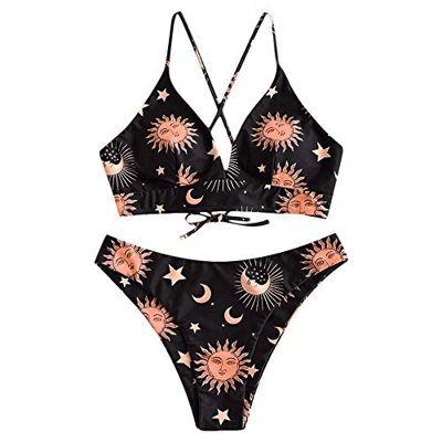 Zaful - Bikini de baño trenzado con estampado, sujetador acolchado sin costuras, braguita con cintura baja X-multi-d M