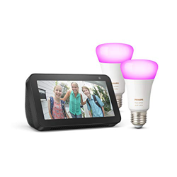 Echo Show 5, negro + Philips Hue White & Color Ambiance Pack de 2 bombillas LED inteligentes, compatible con Bluetooth y Zigbee, no se requiere contro en oferta