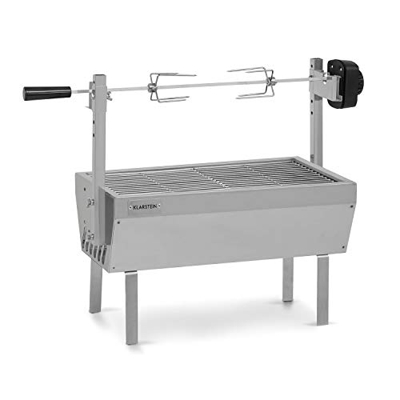 Klarstein Sauenland – Miniasador, pincho giratorio, motor eléctrico de 4 W, carga máxima de 12 kg, altura regulable, parilla para asar, tina para carb