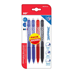 MP - Bolígrafos Borrables y Recargables con Punta de Gel, 4 unidades - 2 Azules, 1 Rojo y 1 Negro en oferta