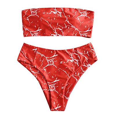 ZAFUL - Conjunto de bikini de dos piezas con estampado de mármol sin tirantes para mujer Rojo rosso M