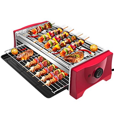 Parrilla Barbacoa Electrica - Parrillas Barbacoa Sin Humo 2000W con Bandeja Recoge Grasa Barbacoa Grill de Mesa para Balcón y Jardín - Rojo