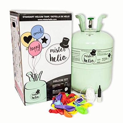 Bombona de Helio Desechable Mister Helio + 30 Globos de Latex. La Botella de Helio más molona