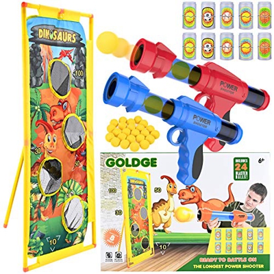 GOLDGE 2pz Pistolas de Bolas para Niños, Pistola Juguete con 24 Bolas de Espuma y 10pz Lata de Tiro Juego de Tiro al Aire Libre y Blanco de Tiro de Pi