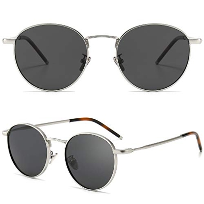 SUNGAIT Gafas de Sol Polarizadas Vintage Redondas Marco de Metal Retro Clásica Gafas de Sol Circular para Mujer Hombre-SGT059(Marco de Plata/Lente Pol