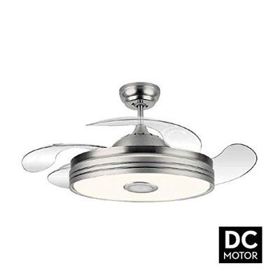 TODOLAMPARA - Ventilador de techo con luz LED 36W motor DC y Altavoz modelo MATANUSKA Níquel, 3 tonalidades con memoria, aspas retráctiles, 6 velocida