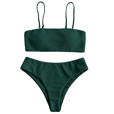 ZAFUL Traje de baño de dos piezas con textura Bandeau con tirantes desmontables, corte alto, para mujer Verde verde oscuro M