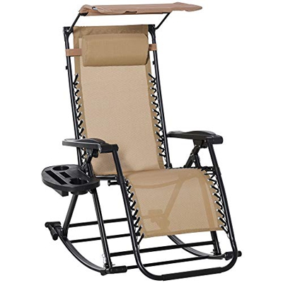 Outsunny Silla Mecedora de Jardín Plegable Tumbona Reclinable con Techo Protección Solar Reposacabezas Extraíble y Reposapiés Estructura de Acero 120x