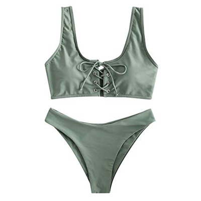 ZAFUL - Bikini deportivo para mujer, con escote en U camuflaje verde. M
