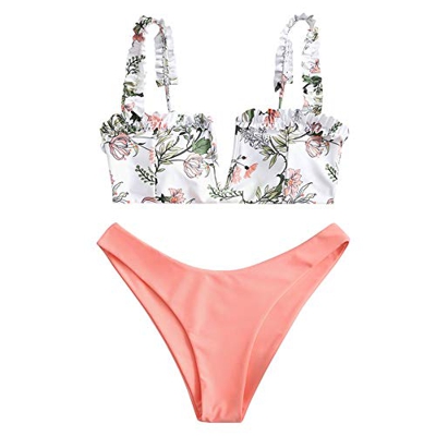 ZAFUL - Bikini para mujer con encaje floral y diseño de hojas Rosa-new1 S