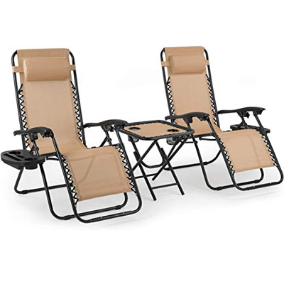 MVPower Juego de Tumbonas Plegables con Mesa, Soporte para Bebidas, Mecedoras Jardín para Exterior con Almohadilla Ajustable para la Cabeza, Ergonómic
