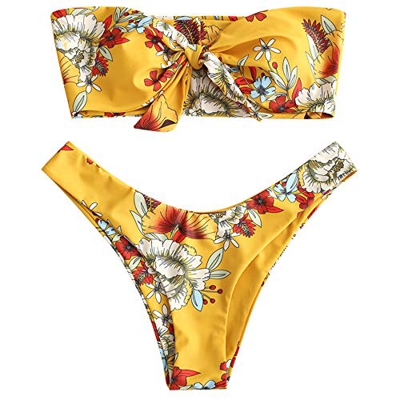 CHARMMA Conjunto de Bikini Estampado Bandeau con Nudo Delantero Dos Piezas Set Traje de Baño Verano 2019 Amarillo S