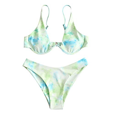 ZAFUL Bikini de dos piezas para mujer, diseño de leopardo, cruzado, push up, acolchado, traje de baño verde menta S