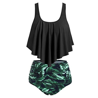 N-B Bikinis Muchacha 2021 Verano sin Mangas Trajes de Baño de Dos Piezas Llanura Colores Ropa Tops y Flores Estampado Bikinis Cintura Alta Calzoncillo