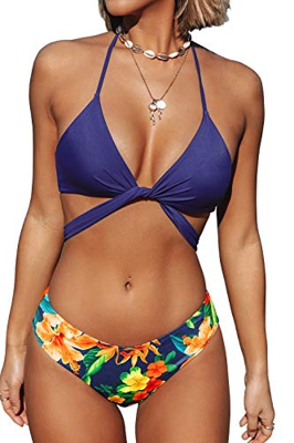 CUPSHE Conjunto de Bikini Mujer Halter Lazo Tanga Estampado Traje de Baño de Dos Piezas, S