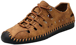 WOJIAO Los Zapatos de los Hombres Ahuecan hacia Fuera el Cuero Respirable del Verano Sandalias de Moda Manual Zapatilla Informal en oferta