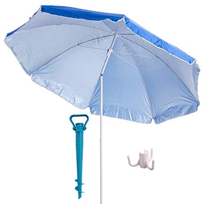 H HANSEL HOME Sombrilla de Playa con Soporte de Tornillo y Percha, Acero, Inclinable, Protección Solar UPF+50 (Azul, Ø 220 CM)