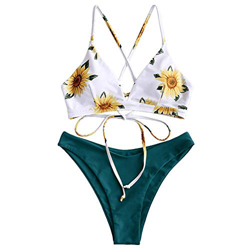 Zaful - Conjunto de bikini acolchado con diseño de girasol, tirantes con cordones verde azul M precio