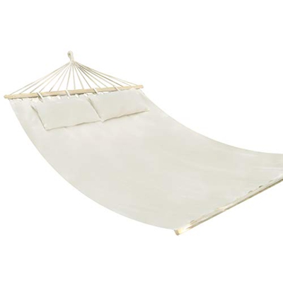 ISE Hamaca colgante de jardín de algodón para 2 personas con barras separadoras y 2 cojines beige, 305 x 142 cm, capacidad 150 kg, para exterior o int