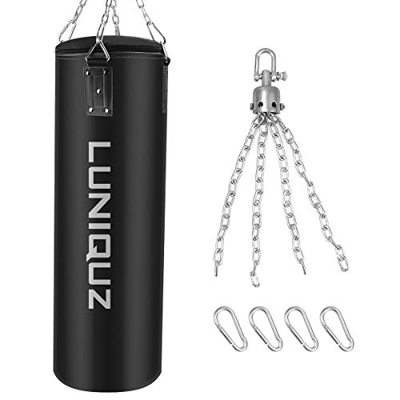Saco de Boxeo Colgante, Luniquz Saco de Boxeo Pesado de Cuero sin Relleno con Juego de Montaje Giratorio para Adultos y Jóvenes