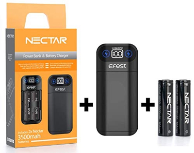 Nectar Cargador 18650 + Power Bank | Garantía de 1 Año | con 2X 3500mah Bateria 18650 Recargable de Alto Drenaje | Doble Uso: Cargador 18650 + Banco d