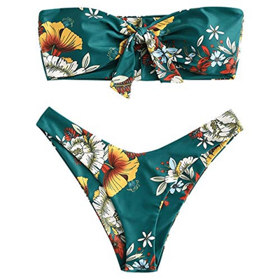 CHARMMA Conjunto de Bikini Estampado Bandeau con Nudo Delantero Dos Piezas Set Traje de Baño Verano 2019 Verde M